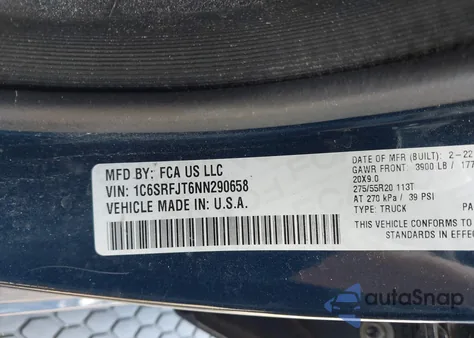 2022 Ram 1500 Laramie 4X4 5'7 Box из США, поврежденный, VIN 1C6SRFJT6NN290658